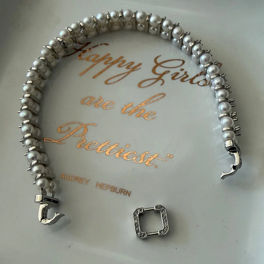 Baby Pearl CZ Bracelet | Silver Tone | Double Clasp | 7” - Picture 7 of 8
